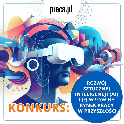 Grafika promująca konkurs, głowa człowieka z goglami VR, na górze logo Praca.pl, na dole nazwa konkursu